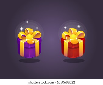 Gift Box Icons for a game interfaces.
Funny cartoon gift boxes set. Reward  Vector icon. Getting rewards in a game. GUI set elements for mobile, video or web games.