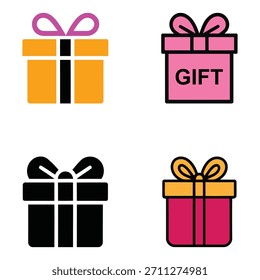 Gift box icons, including flat, outlined, and solid designs, perfect for celebration