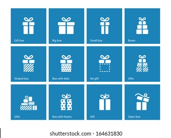 Gift box icons on blue background. Vector illustration.