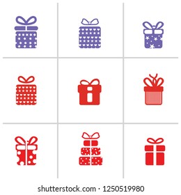 Gift box icons on white background. Vector illustration. 12 gift box icons set. colored icons