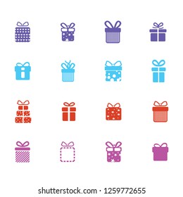 Gift box icons on white background. Vector illustration. 16 gift box icons set. colored icons