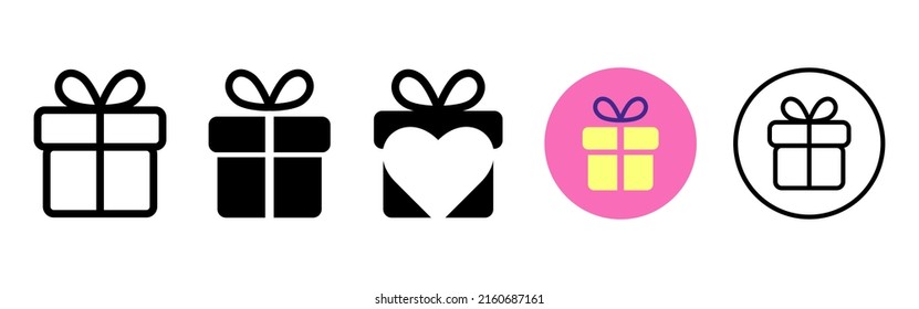 Gift box icons in outline and filled style, black and color, isolated on white. Vector illustration.