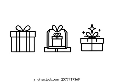 Gift Box Icons: Present designs featuring tied, open, and sparkling styles for events like Christmas, birthdays, Valentine’s, weddings, parties, and celebrations. Vector illustration.