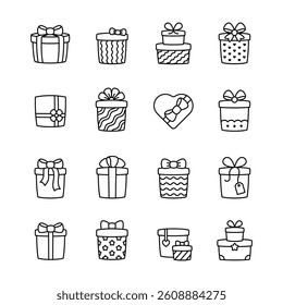 Gift box icons. Present package vector icon set. Giving box with reb ribbon isolated sign on white background.