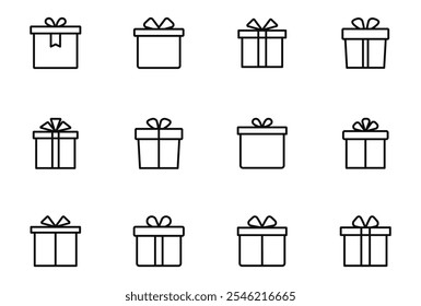 Ícones de caixa de presente definidos. Caixas de presente com fita. Ícone de caixas de presente surpresa. Sinal presente. Ícone editável de linha fina do traçado. Ilustração vetorial.