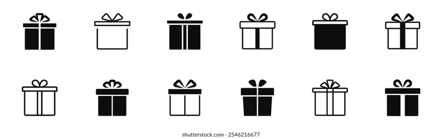 Gift box icons set. Gift boxes with ribbon. Surprise gift boxes icon. Present sign. Vector illustration.