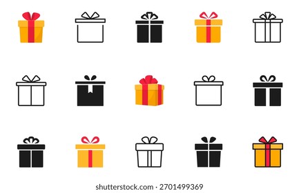 Gift box icons set. Gift boxes with ribbon. Surprise gift boxes icon. Present sign. Vector illustration.
