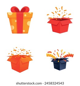 Gift box icons set cartoon vector. Open surprise box with confetti. Surprise concept