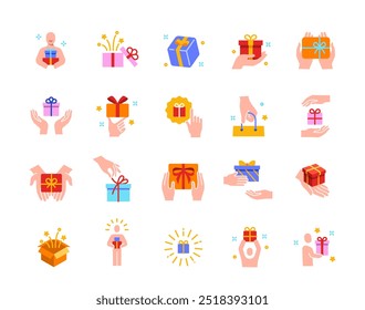 Conjunto de iconos de caja de regalo. Carteles coloridos con las manos que sostienen los regalos y las sorpresas del cumpleaños o de la Navidad. Evento o celebración de fiesta. Colección de Ilustración vectorial plana aislada sobre fondo blanco