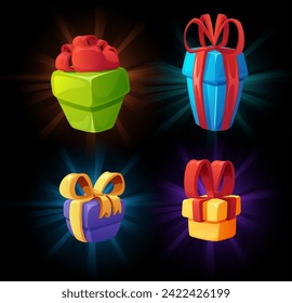 Gift box icons, set of game design elements, vector illustration isolated on black background. Colorful boxes with ribbons and bows, presents for holiday. Cartoon style objects for app and interface