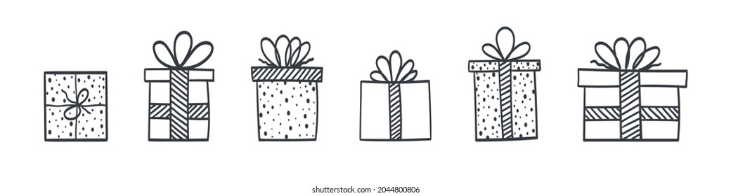 Gift box icons. Set of hand drawn gift boxes with different style and forms. Vector illustration