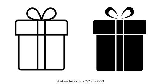 Iconos de la caja de regalo establecidos en línea y estilos sólidos, colección de cajas de regalo de vacaciones para Navidades, cumpleaños y celebraciones, símbolos sorprendentes de la caja de regalo en diseño minimalista plano limpio - Vector de stock