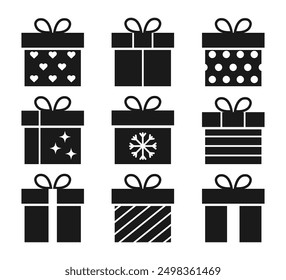 Geschenkbox Symbole gesetzt. Moderner Silhouettenstil. Vektorgrafik.