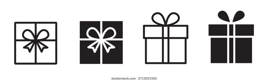 Gift box icons set. Present boxes with ribbon in line and solid styles. Clean minimal holiday gift collection for Christmas, birthdays and celebrations - stock vector