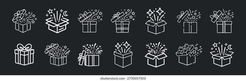 Conjunto de iconos de caja de regalo, paquetes de regalo con arcos de cinta, colección de Vector de contorno simple para cumpleaños, Navidad y diseño de celebración