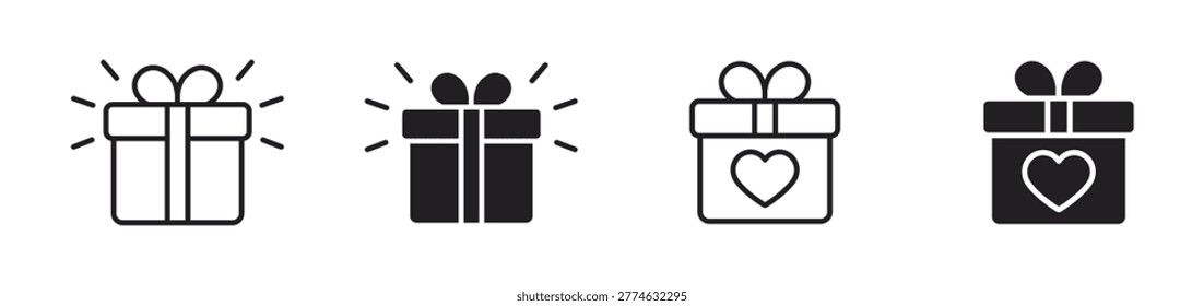 Gift box icons set, Present package symbols, Celebration gift icons, Surprise box vector collection