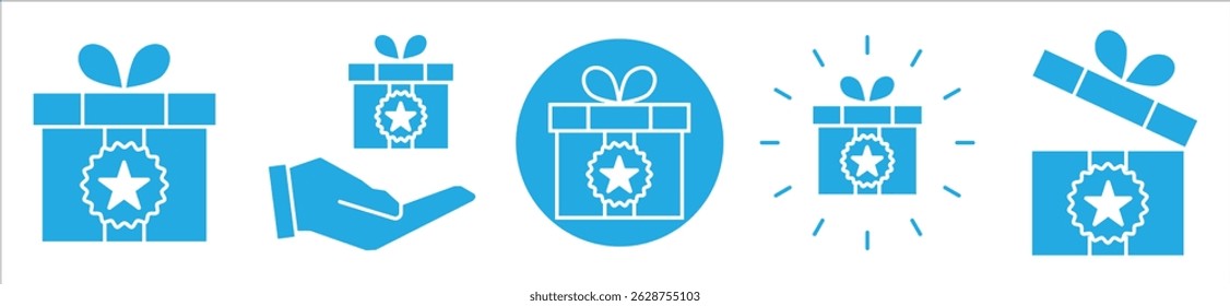 Gift box icons set. Surprising gift box symbol. Present gift box tied signs. Christmas, birthday, valentine, open, sparkle, wedding event, party, celebration, achievement success vector illustration