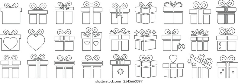 Gift box icons in simple line art style, featuring a variety of wrapped presents, bows, ribbons, hearts, and festive details. Perfect for holiday, birthday, and celebration designs