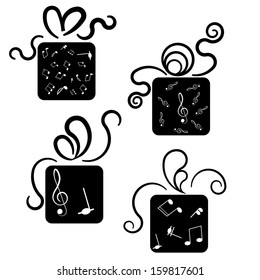 Gift box icons with treble clef and notes