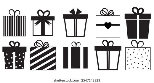 Gift box icons in Trendy Flat style. Gift boxes with ribbon icons Set. Gift box flat line silhouette set. 333