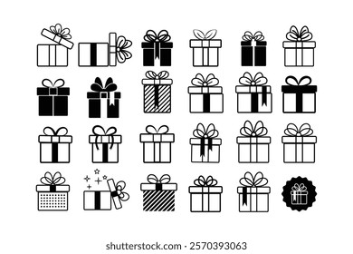 Gift box icons in Trendy Flat style. Gift boxes with ribbon icons Set. Gift box flat line silhouette set.
