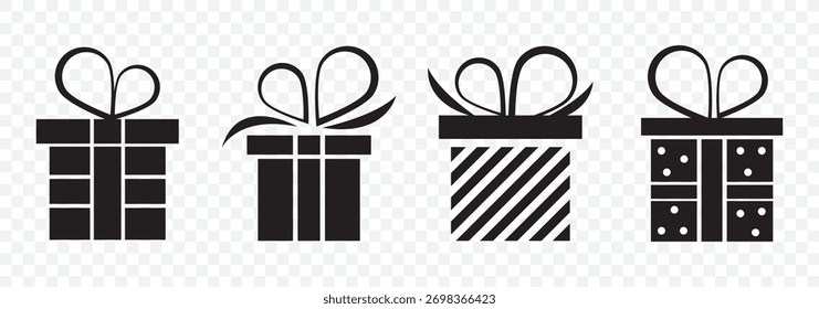 Iconos de la caja de regalo en estilo plano de moda. Cajas de regalo con iconos de cinta. Conjunto de silueta de línea plana de caja de regalo.