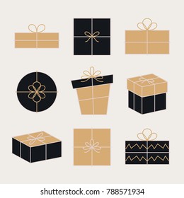 Gift box icons vector set. Ribbon and bows. Monoline flat illustrations with editable strokes. Isolated minimal and delicate design elements for christmas, seasonal greetings.