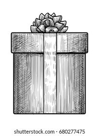 Gift box illustration, drawing, engraving, ink, line art, vector