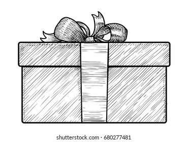 Gift box illustration, drawing, engraving, ink, line art, vector