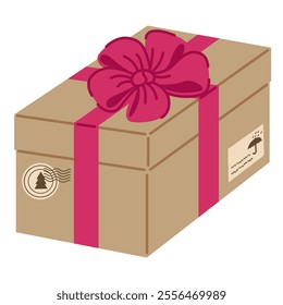 Gift box illustration featuring a kraft paper package with a pink bow and postal stamps. Perfect for holiday themes, celebrations, eco-friendly designs, or festive occasions like Christmas