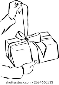 Gift box illustration in linear style, isolated on white. Christmas vector illustration. Hand drawn minimalist box.