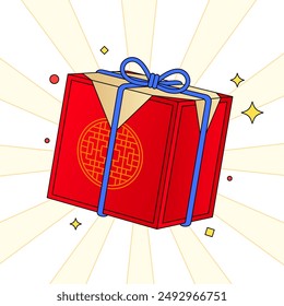 Gift box illustration, lucky box for Chinese new year, cartoon style, festive celebration. Vector illustration. 2D flat design.