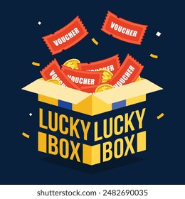 Gift box illustration, open lucky box with voucher flying out, cartoon style. Vector illustration. 2D flat design.