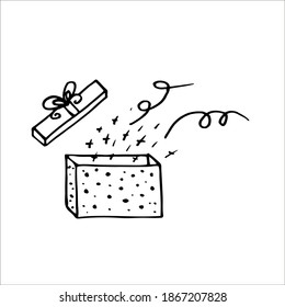 Gift Box Illustration. An Open Gift. Surprise. Hand Drawing Doodle. Nice, Funny Drawing. Black And White Drawing. Vector. Icon.