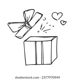 Geschenkbox-Illustration. Ein offenes Geschenk. Überraschung. Handzeichner-Doodle. Nettes, lustiges Bild. Schwarz-Weiß-Zeichnung. Vektorgrafik. Symbol.