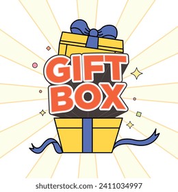 Gift box illustration, open box with text, cartoon style. Vector illustration. 2D flat design.