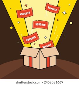 Gift box illustration, open box with voucher pop out, cartoon style. Vector illustration. 2D flat design.