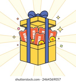 Ilustración de la caja de regalo, caja abierta con el vale volando hacia fuera, estilo de la historieta de la moneda pop up. Ilustración vectorial. Diseño plano 2D.