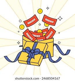 Gift box illustration, open box with voucher and coins flying out, cartoon style. Vector illustration. 2D flat design.