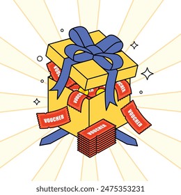 Gift box illustration, open box with voucher pour out, cartoon style. Vector illustration. 2D flat design.