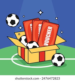 Geschenkbox Illustration, offene Box mit Gutschein und Bälle herausspringen, Fußball, Fußballförderung, Cartoon-Stil. Vektorillustration. 2D-Flachdesign.