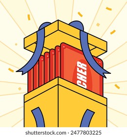 Gift box illustration, open box with voucher flying out, cartoon style, isometric look. Vector illustration. 2D flat design.