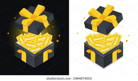 Gift box illustration, open box with voucher flying out, cartoon style, luxury banner, golden bow. Vector illustration. 2D flat design.