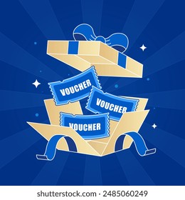 Ilustración de la caja de regalo, caja abierta con vale volando hacia fuera, Anuncio elegante, estilo de dibujos animados. Ilustración vectorial. Diseño plano 2D.