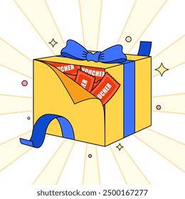 Geschenkbox-Illustration, offene Box mit ausgeflogenem Gutschein, Cartoon-Stil. Vektorgrafik. 2D-Flachdesign.