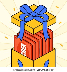 Gift box illustration, open box with voucher flying out, cartoon style, isometric look. Vector illustration. 2D flat design.