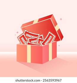 Gift box illustration, open box with voucher flying out, cartoon style, chinese new year box. Vector illustration. 2D flat design.