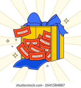Gift box illustration, open box with voucher flying out, cartoon style. Vector illustration. 2D flat design.