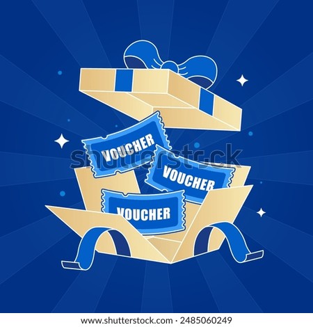 Gift box illustration, open box with voucher flying out, luxury, elegant banner, cartoon style. Vector illustration. 2D flat design.