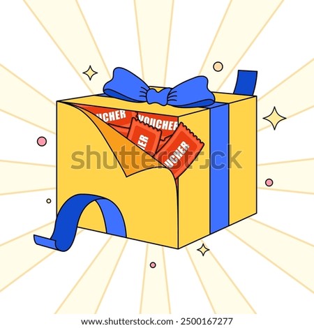 Gift box illustration, open box with voucher flying out, cartoon style. Vector illustration. 2D flat design.